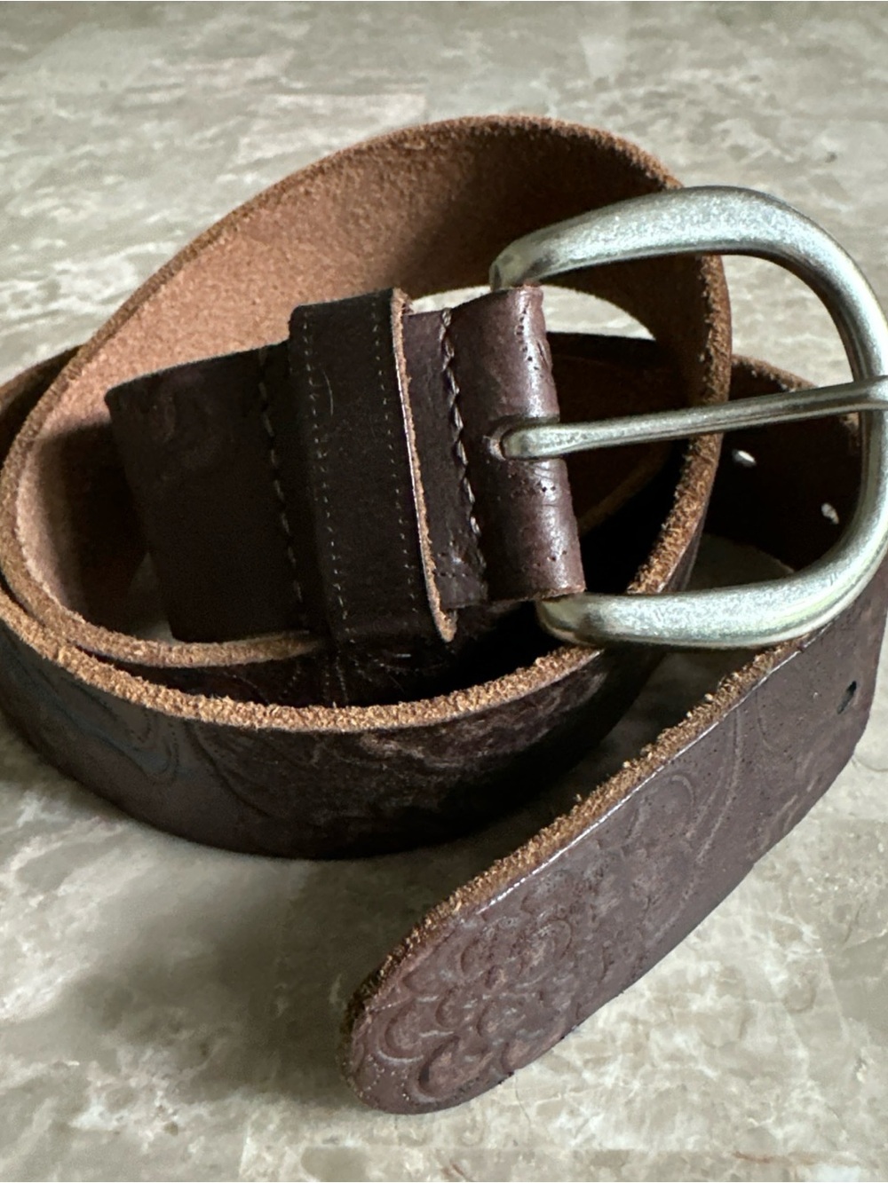 Fossil Belt Brown Genuine Leather Women's Size L Embossed Floral Made In India - Picture 11 of 12